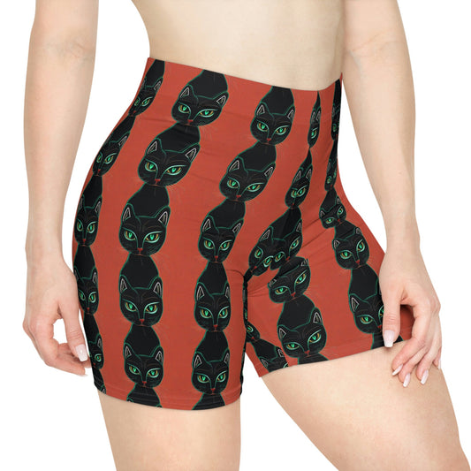 Green Eyed Cat Pattern Women Biker Shorts, Cat Clothing Workout Shorts, Animal Clothing Gym Shorts, Sexy Booty Shorts, Yoga Shorts