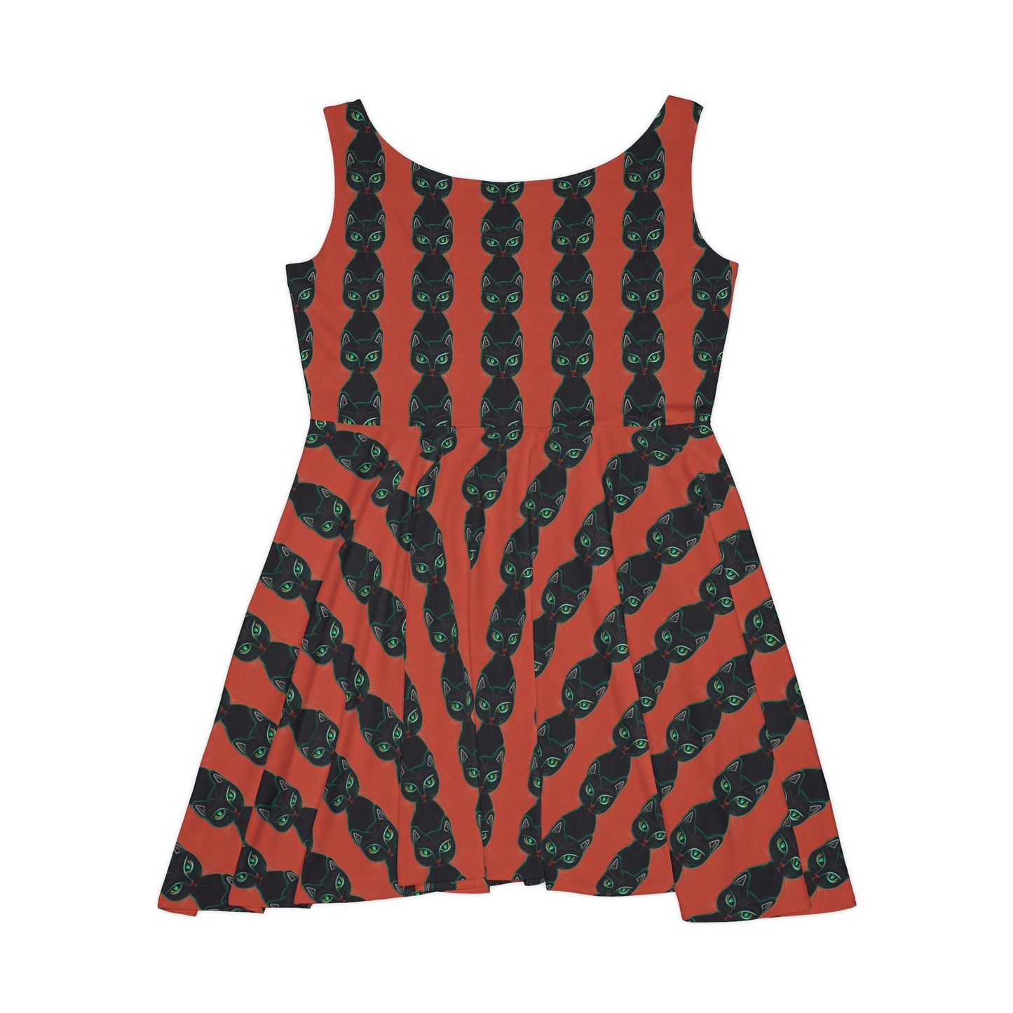 Green Eyed Cat Skater Dress, Cat Pattern Sleeveless Dress, Summer Skater Dress for Women, Handmade Tank Dress