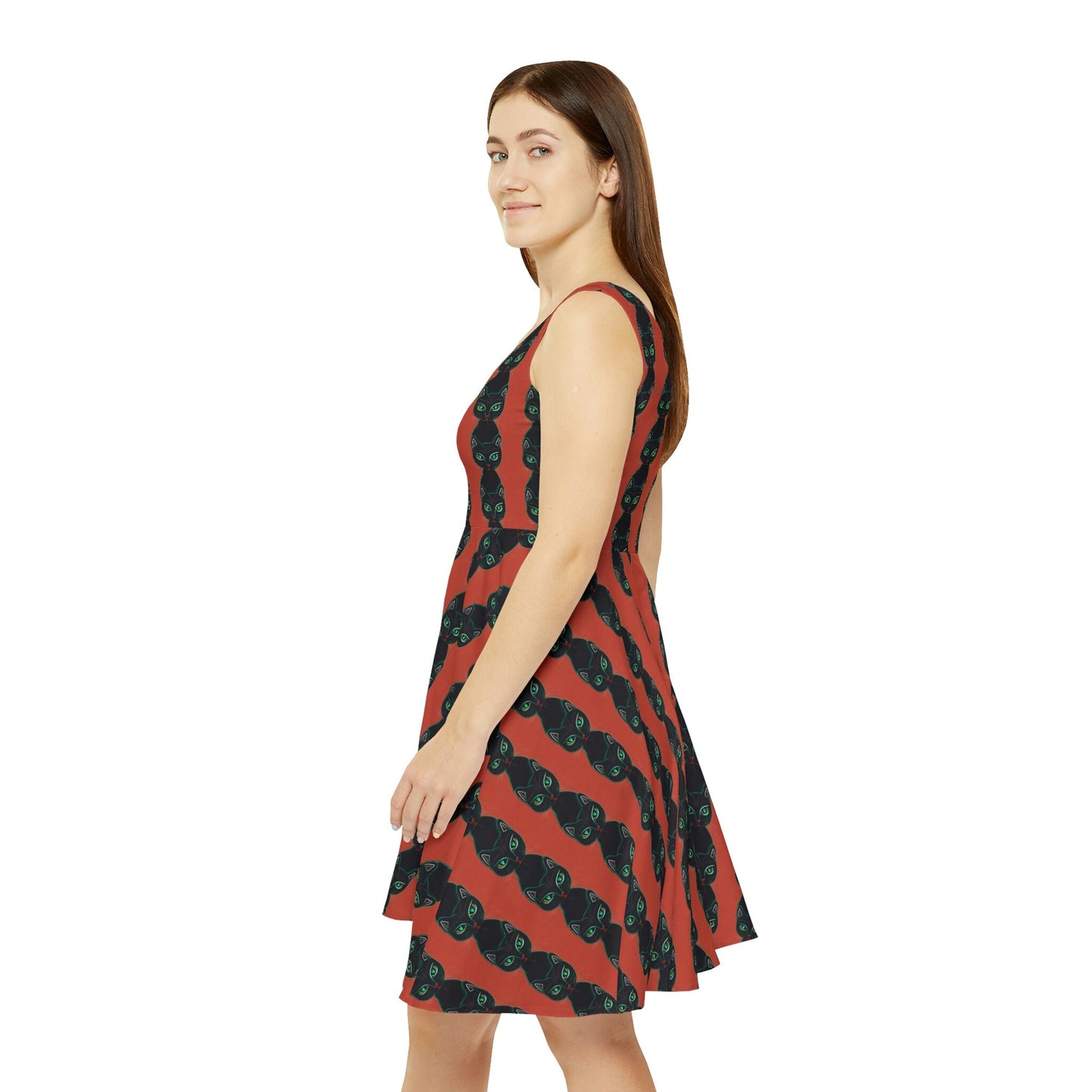 Green Eyed Cat Skater Dress, Cat Pattern Sleeveless Dress, Summer Skater Dress for Women, Handmade Tank Dress