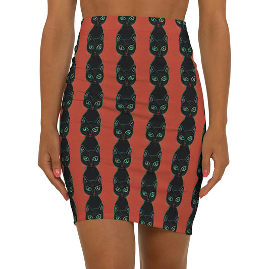 Green Eyed Cat Skirt, Cat Pattern Skirt for Women, Handmade Pencil Skirt, High Waisted Skirt For Cat Lover, Mini Skirt