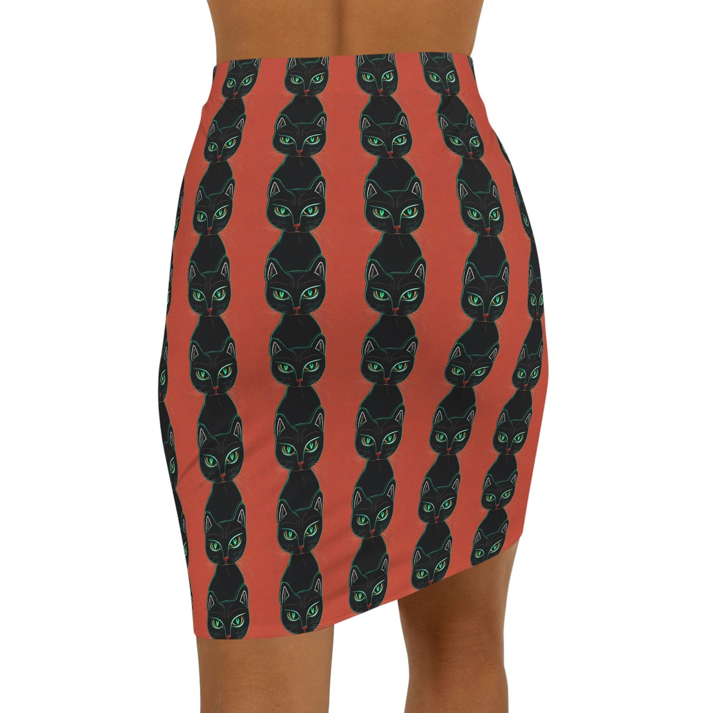 Green Eyed Cat Skirt, Cat Pattern Skirt for Women, Handmade Pencil Skirt, High Waisted Skirt For Cat Lover, Mini Skirt