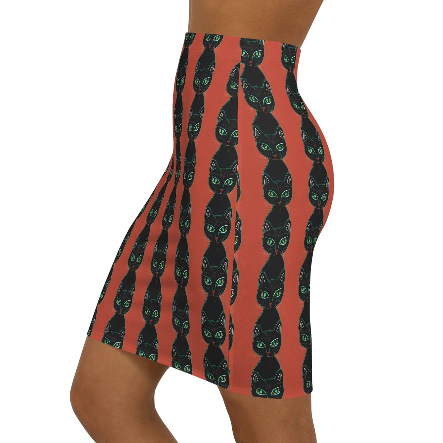 Green Eyed Cat Skirt, Cat Pattern Skirt for Women, Handmade Pencil Skirt, High Waisted Skirt For Cat Lover, Mini Skirt