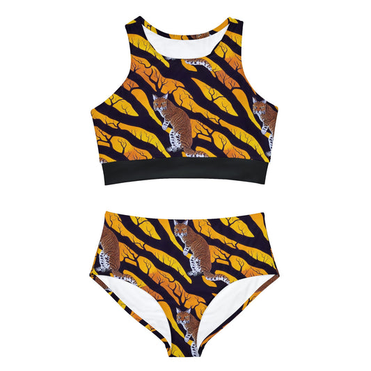 Cat Print High Waisted Bikini Set, Bobcat in a Spooky Forest Plus Size Bikini, Girls Sporty Bikini, Gift For Women