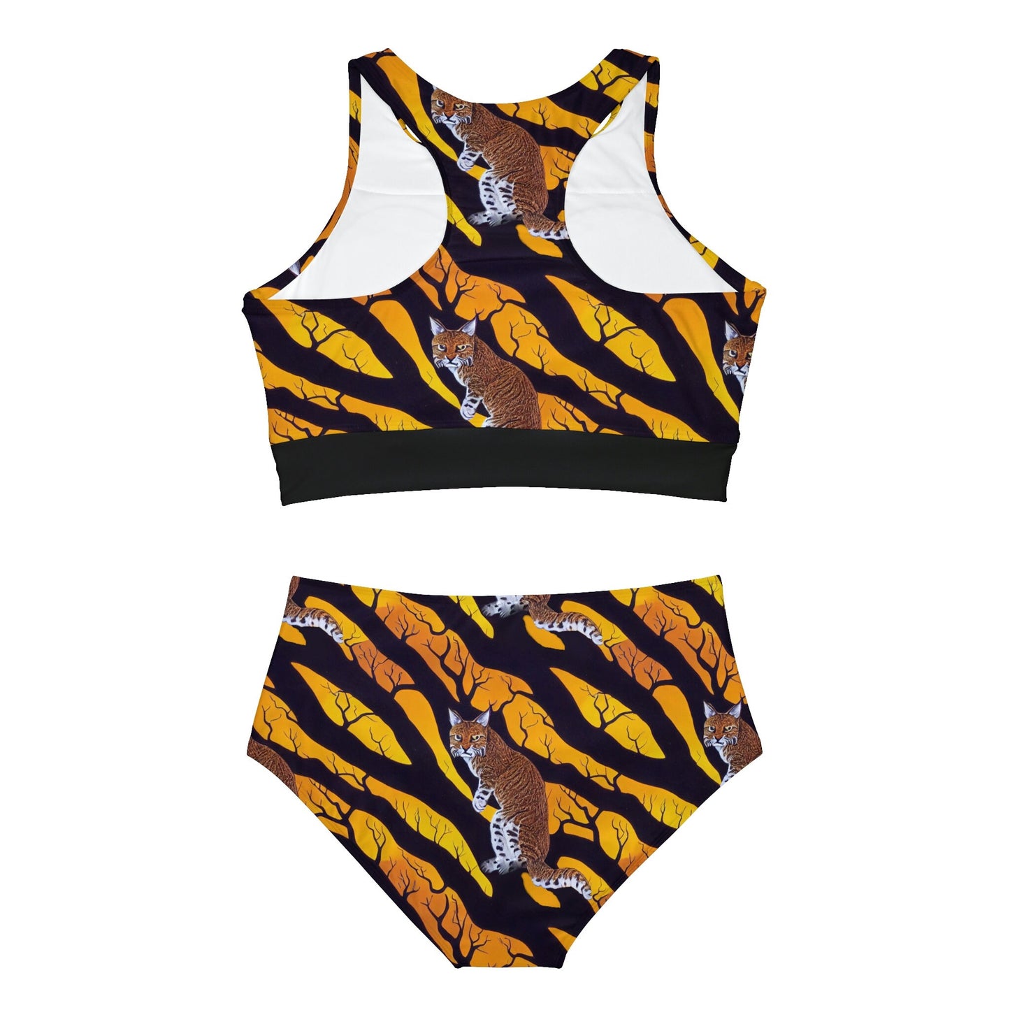 Cat Print High Waisted Bikini Set, Bobcat in a Spooky Forest Plus Size Bikini, Girls Sporty Bikini, Gift For Women
