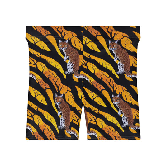 Bobcat in Spooky Forest Women Biker Shorts, Animal Clothing Graphic Shorts, Nature Clothing Gym Shorts, Sexy Booty Shorts