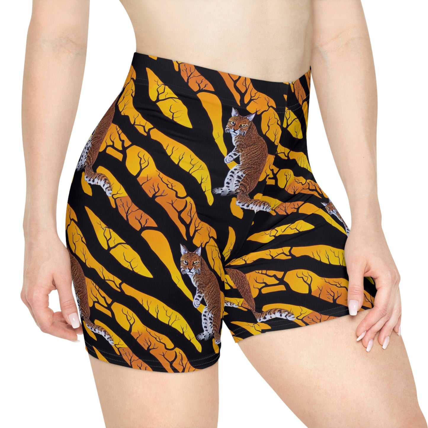 Bobcat in Spooky Forest Women Biker Shorts, Animal Clothing Graphic Shorts, Nature Clothing Gym Shorts, Sexy Booty Shorts