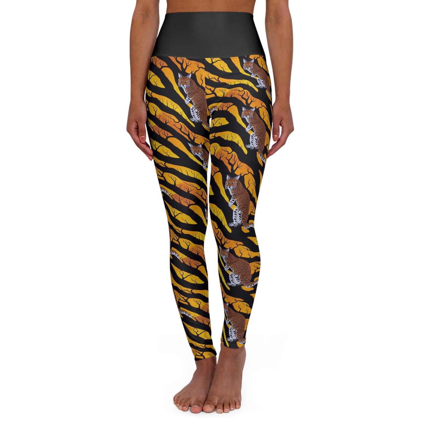 Bobcat on Forest Leggings, High Waist Yoga Leggings, Spooky Leggings for Women, Fitness Leggings, Workout Leggings