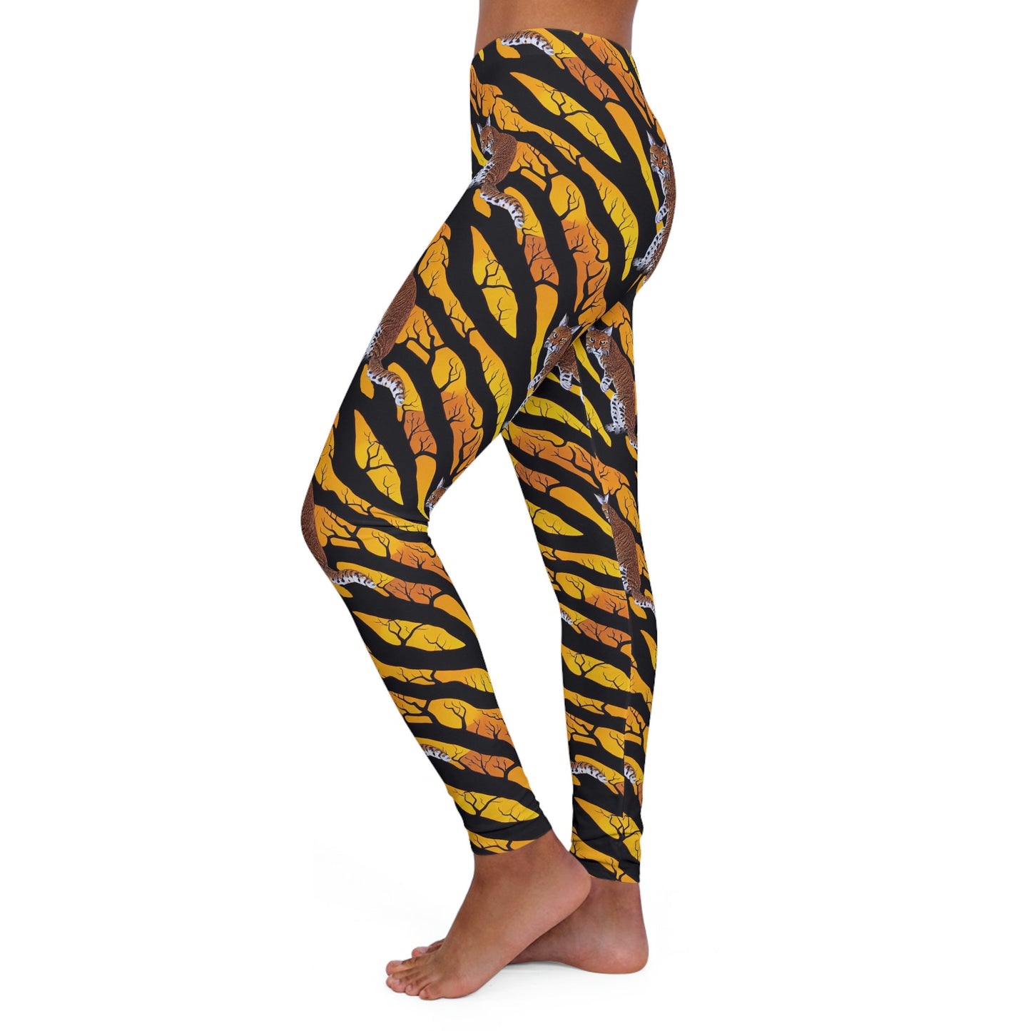 Yellow Pattern Bobcat Forest Leggings, Yoga Leggings, Spandex Leggings for Women, Fitness Leggings, Workout Leggings