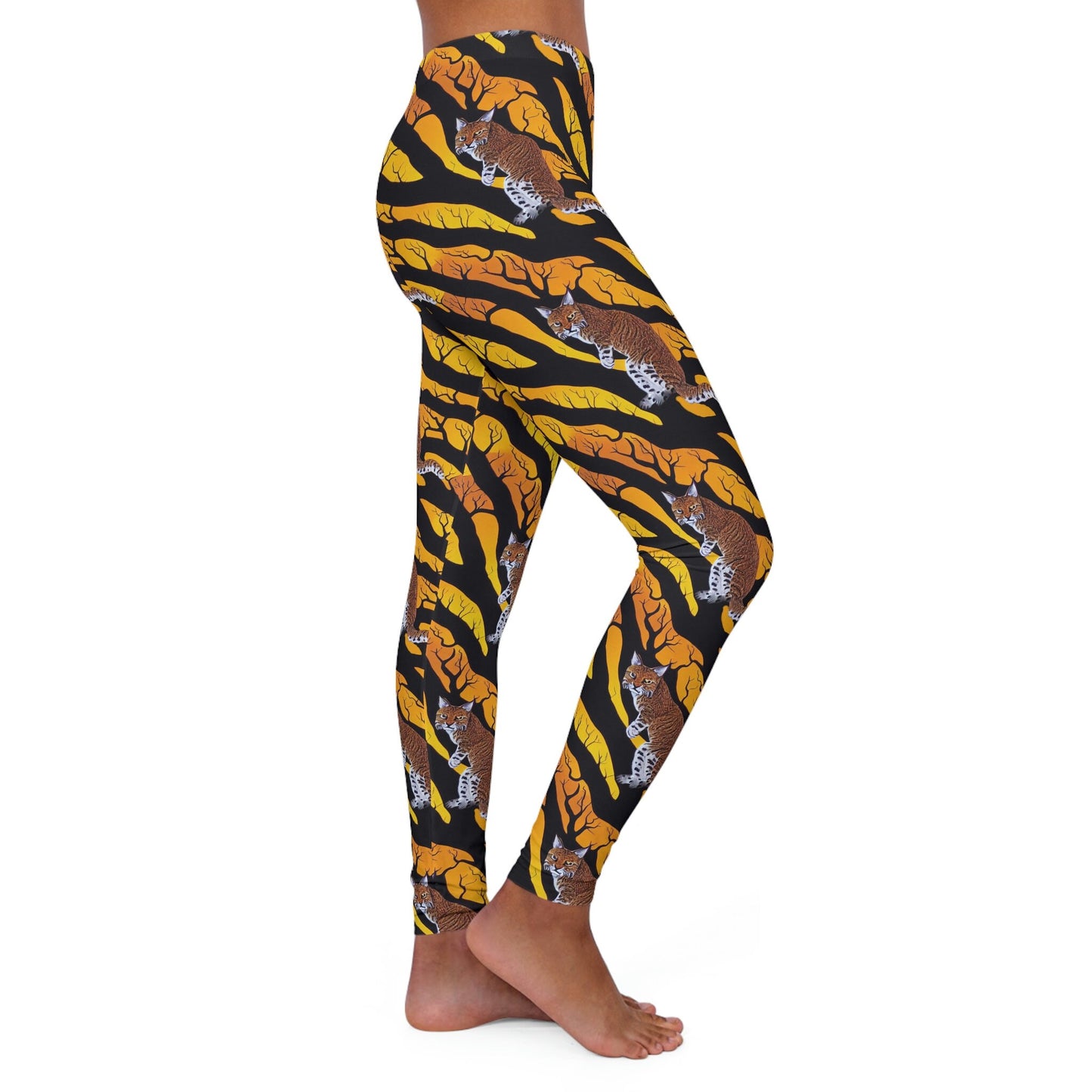 Yellow Pattern Bobcat Forest Leggings, Yoga Leggings, Spandex Leggings for Women, Fitness Leggings, Workout Leggings
