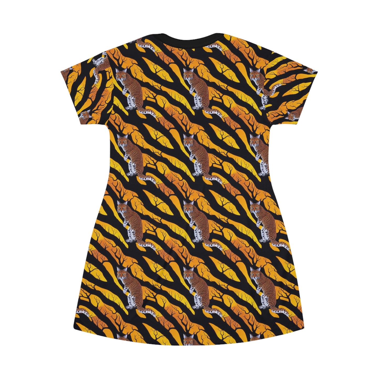 Bob Cat Tshirt Dress, Cat in Spooky Forest Women Tshirt Dress, Oversized Yellow Tshirt, Aesthetic Cat Lover Shirt Dress