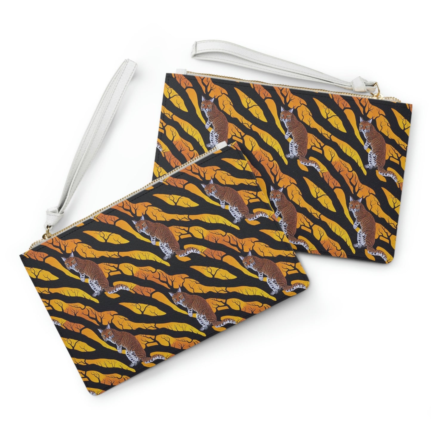 Bobcat in Spooky Forest Clutch Bag, Yellow Cat Purse, Vegan Leather Small Clutch, Bridesmaid Evening Clutch, Cat Lover Gift