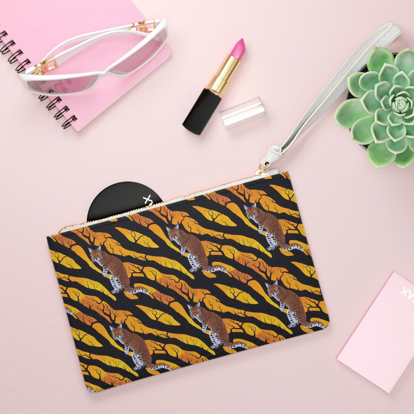 Bobcat in Spooky Forest Clutch Bag, Yellow Cat Purse, Vegan Leather Small Clutch, Bridesmaid Evening Clutch, Cat Lover Gift