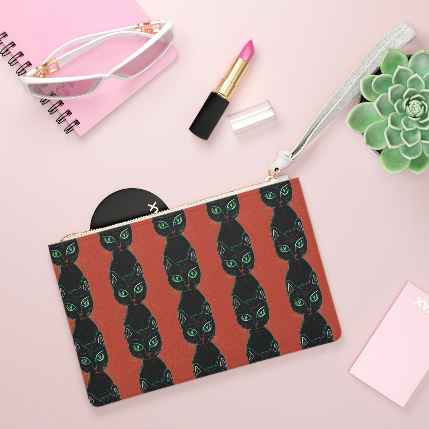 Black Cat Purse, Green Eyed Cat Pattern Clutch Bag, Small Make Up Bag, Vegan Leather Zipper Bag, Cat Lover Gift