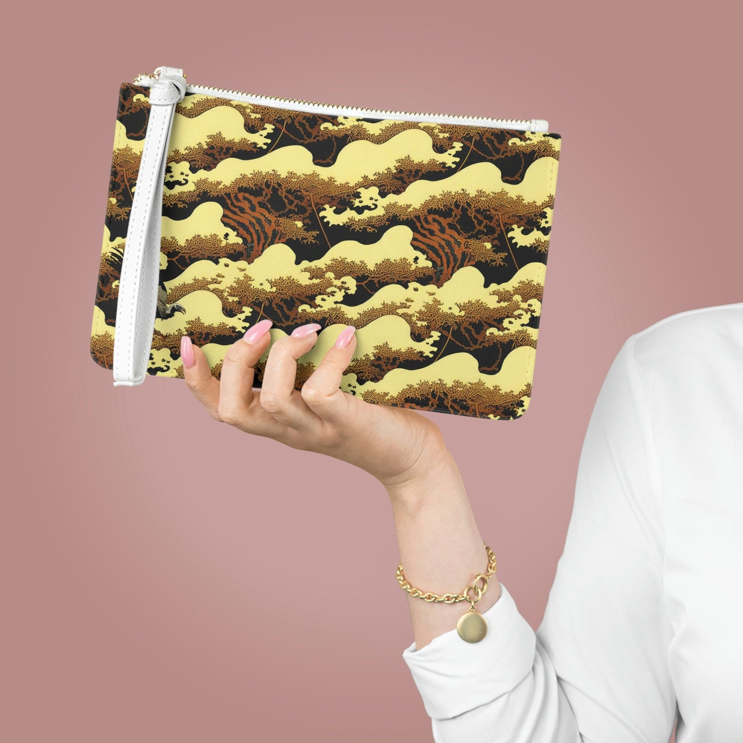 Gold Clutch Bag For Women, Small Forest Vulture Wedding Clutch, Vegan Leather Make Up Bag, Clutch Bag Gift For Woman