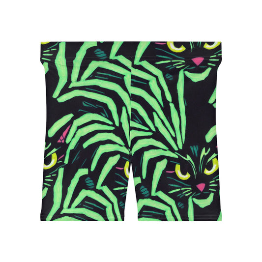 Green Pattern Yellow Eyed Cat Women Biker Shorts, Spooky Cats Workout Shorts, Cat Clothing Gym Shorts, Sexy Booty Shorts