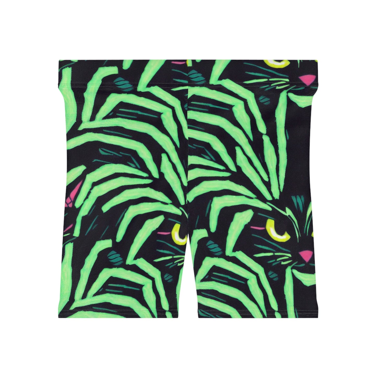 Green Pattern Yellow Eyed Cat Women Biker Shorts, Spooky Cats Workout Shorts, Cat Clothing Gym Shorts, Sexy Booty Shorts