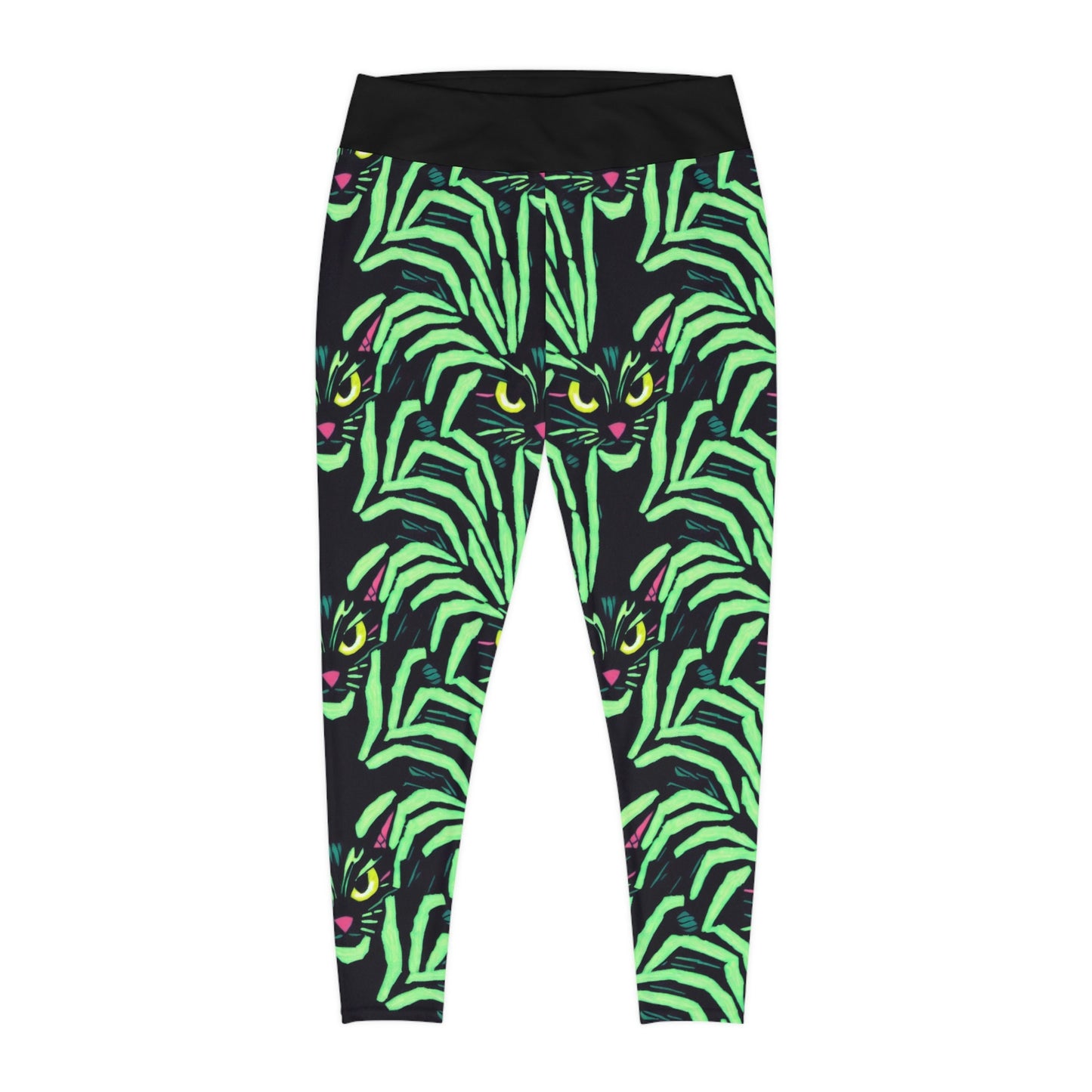 Yellow Eyed Cat Plus Size Leggings, Green Pattern Leggings, Spooky Leggings, Workout Leggings, Fitness Leggings