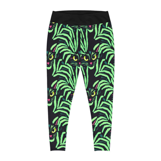 Yellow Eyed Cat Plus Size Leggings, Green Pattern Leggings, Spooky Leggings, Workout Leggings, Fitness Leggings