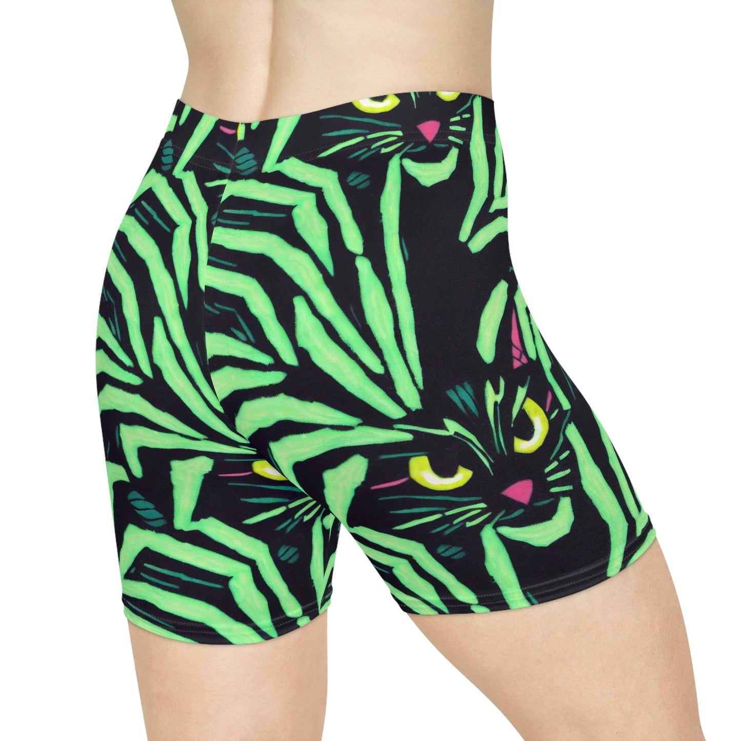 Green Pattern Yellow Eyed Cat Women Biker Shorts, Spooky Cats Workout Shorts, Cat Clothing Gym Shorts, Sexy Booty Shorts