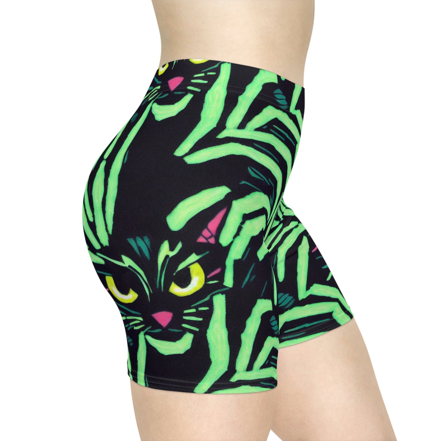 Green Pattern Yellow Eyed Cat Women Biker Shorts, Spooky Cats Workout Shorts, Cat Clothing Gym Shorts, Sexy Booty Shorts
