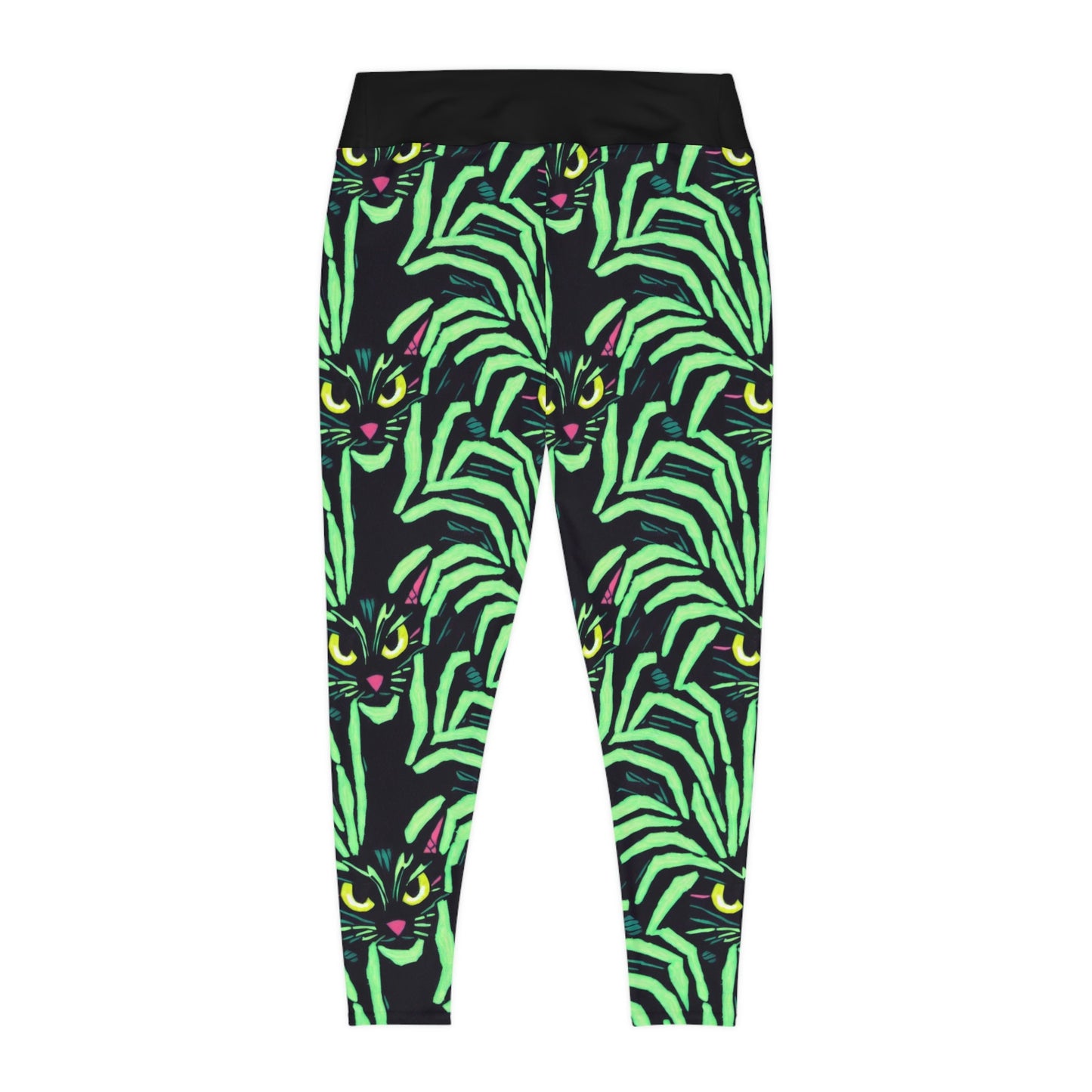 Yellow Eyed Cat Plus Size Leggings, Green Pattern Leggings, Spooky Leggings, Workout Leggings, Fitness Leggings