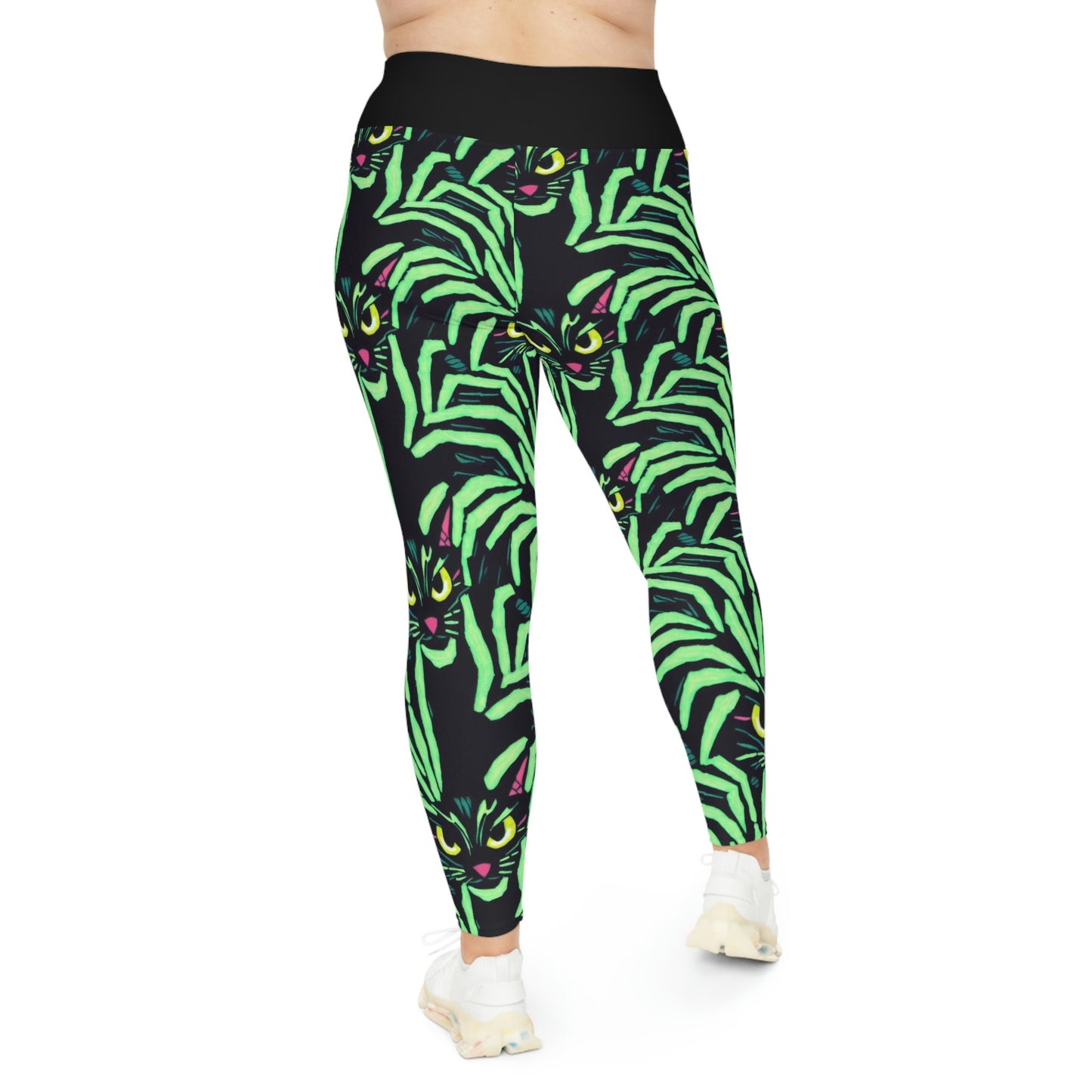 Yellow Eyed Cat Plus Size Leggings, Green Pattern Leggings, Spooky Leggings, Workout Leggings, Fitness Leggings