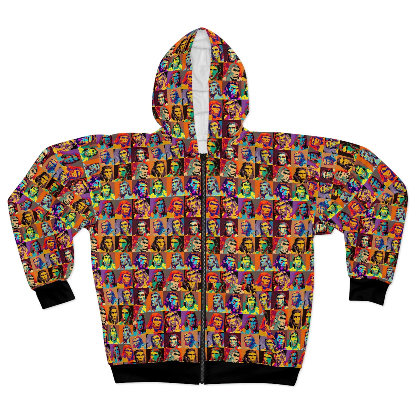 Neanderthal Portraits Pop Art Unisex Zip Hoodie, Retro Art Printed Hoodie, Aesthetic Pop Art Hoodie, Winter Fashion Zip Hoodie