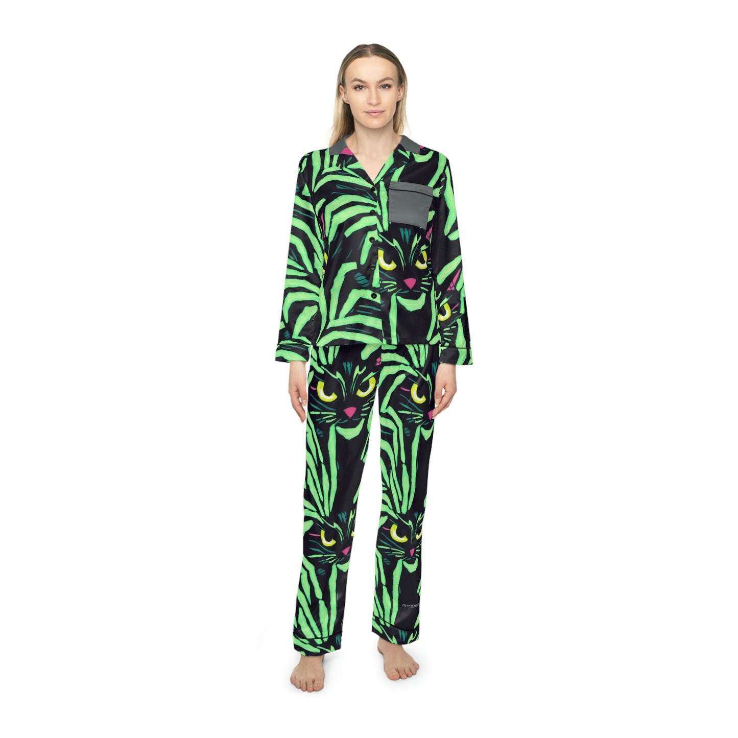 Yellow Eyed Cat Pajamas Set Women, Green Pattern Satin Pajamas, Cat Clothing Animal Pajamas, Pjs for Women Clothing Set, Night Wear
