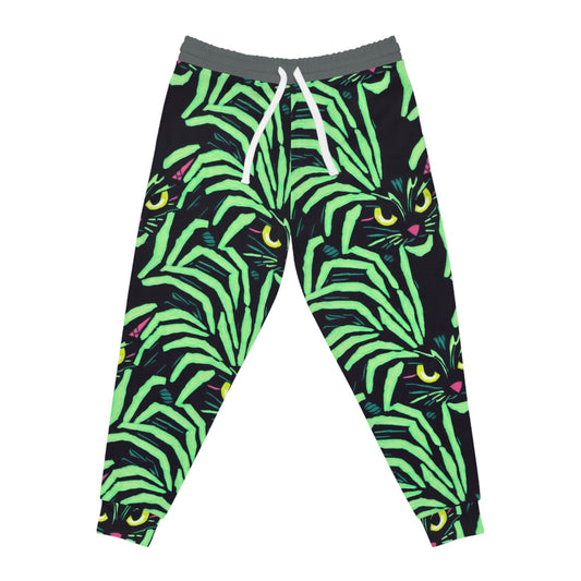 Yellow Eyed Cat Mens Joggers, Spooky Cats Green Pattern High Waisted Joggers, Animal Clothing Mens Yoga Pants, Streetwear Pants