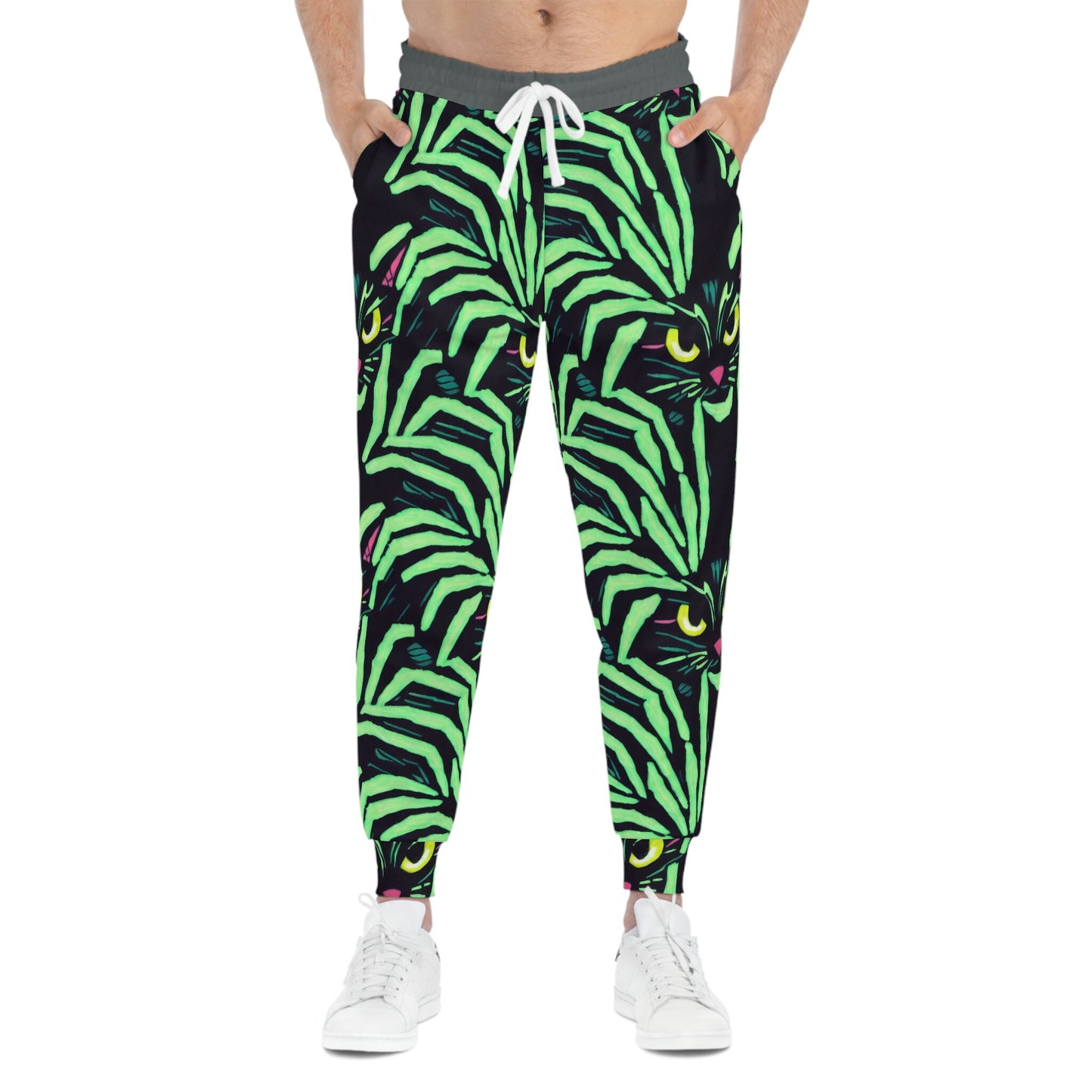 Yellow Eyed Cat Mens Joggers, Spooky Cats Green Pattern High Waisted Joggers, Animal Clothing Mens Yoga Pants, Streetwear Pants