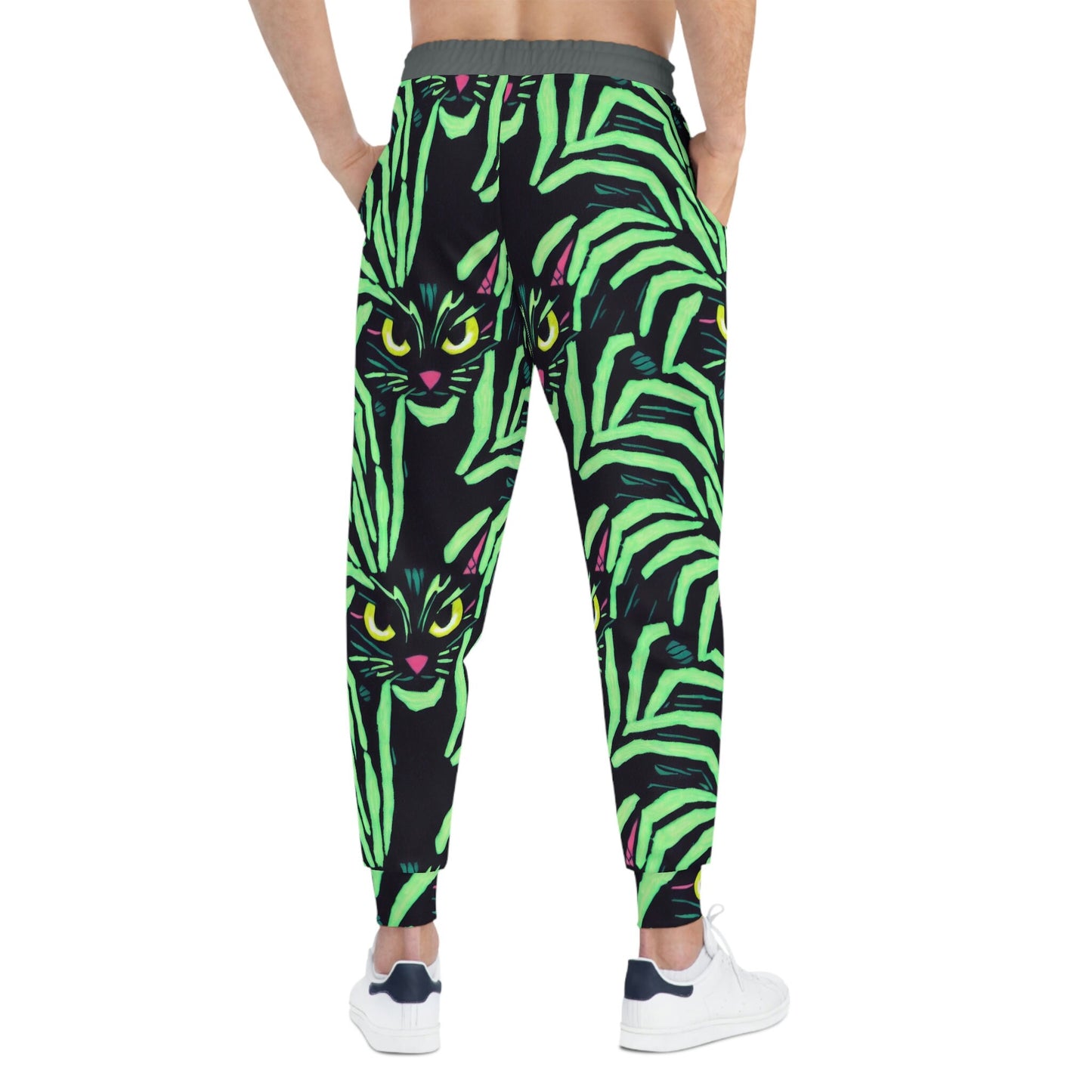 Yellow Eyed Cat Mens Joggers, Spooky Cats Green Pattern High Waisted Joggers, Animal Clothing Mens Yoga Pants, Streetwear Pants