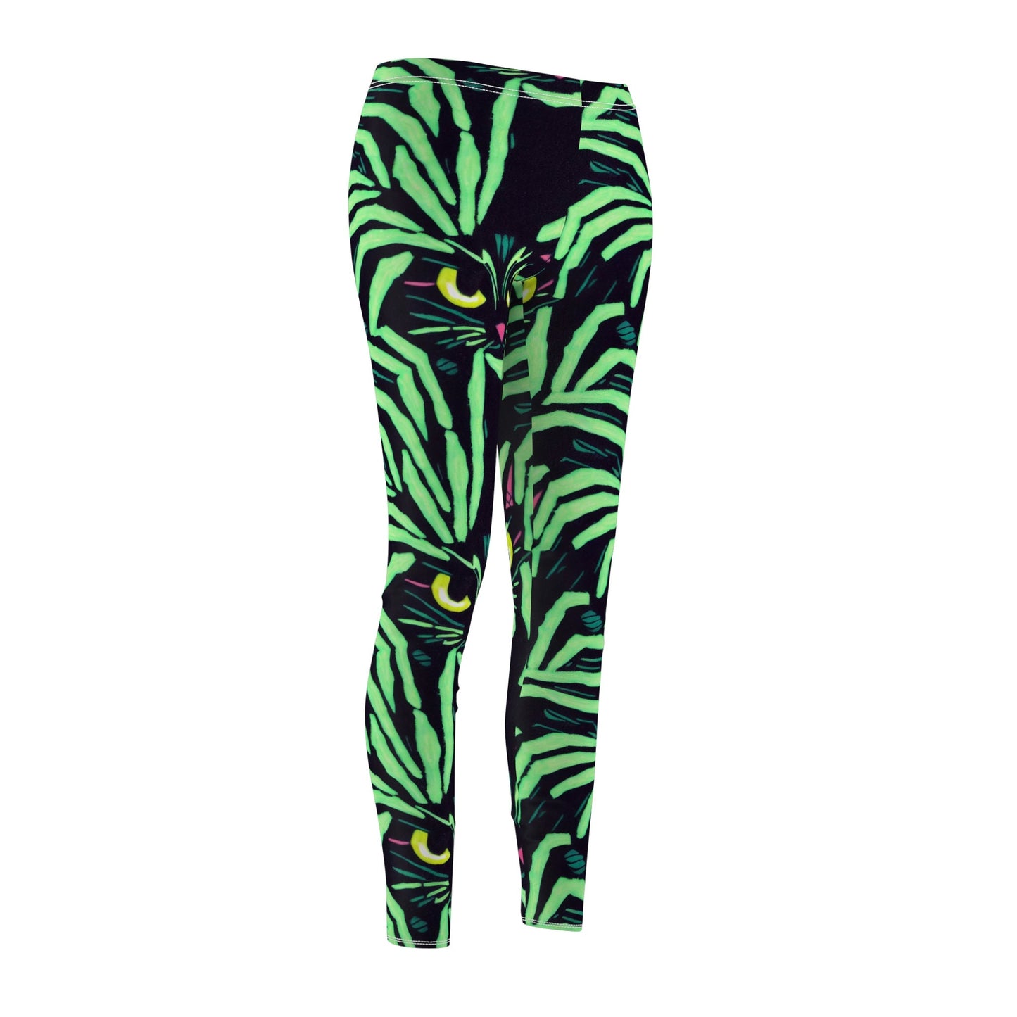 Yellow Eyed Cat Leggings, Spooky Leggings, Green Pattern Leggings, Cut & Sew Workout Leggings for Women, Fitness Leggings