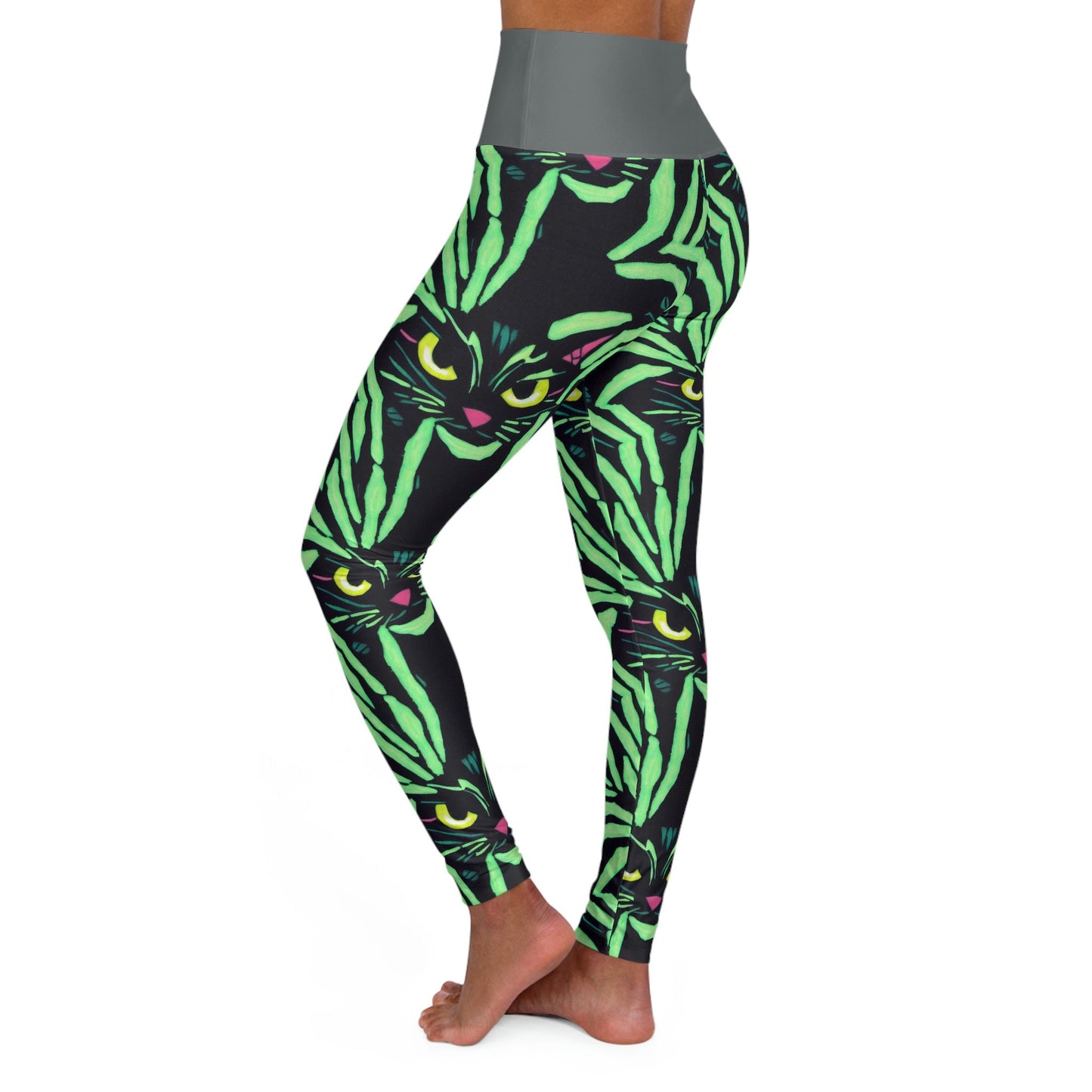 Yellow Eyed Cat Leggings, Green Pattern Leggings, Spooky Leggings, Workout Leggings for Women, Fitness Leggings