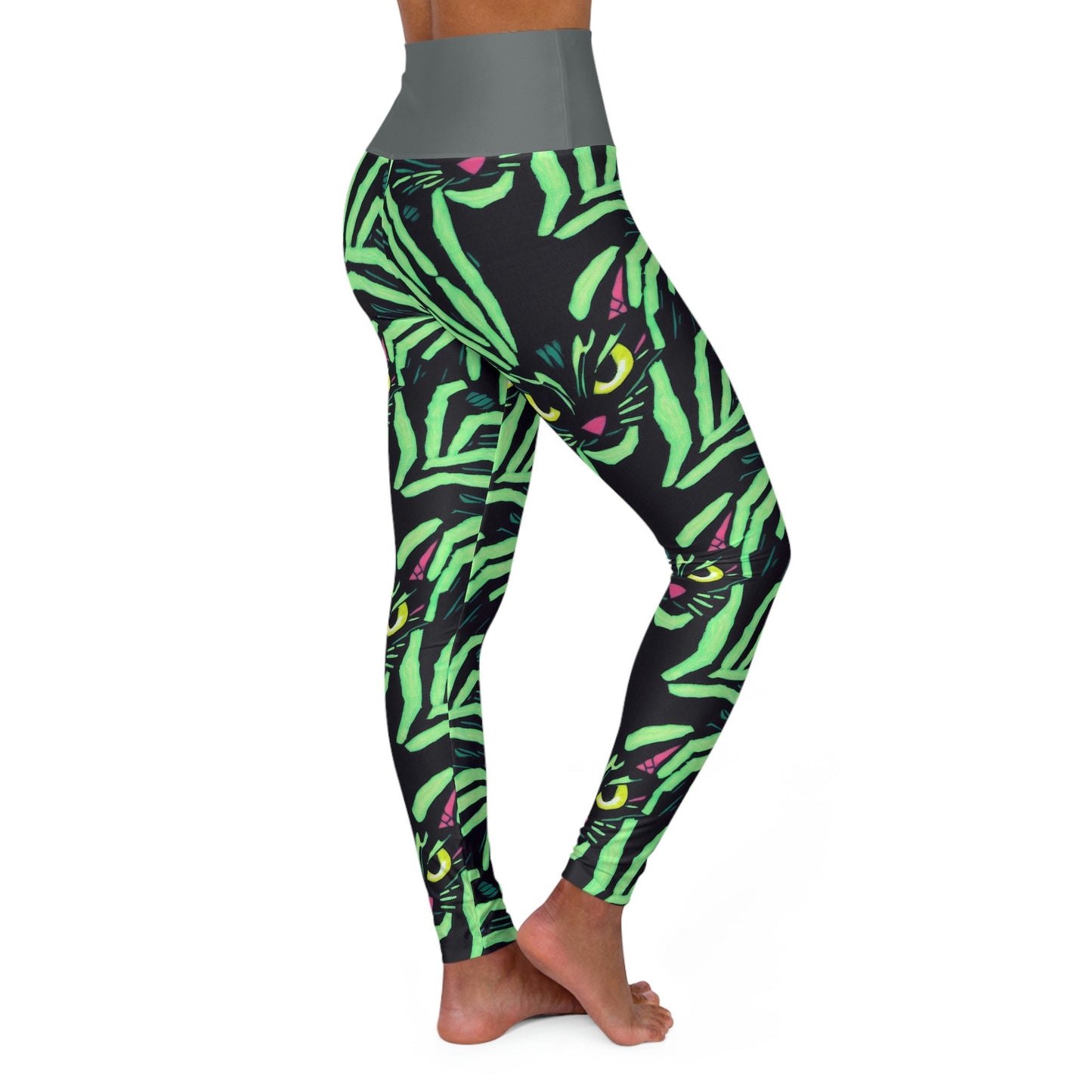 Yellow Eyed Cat Leggings, Green Pattern Leggings, Spooky Leggings, Workout Leggings for Women, Fitness Leggings