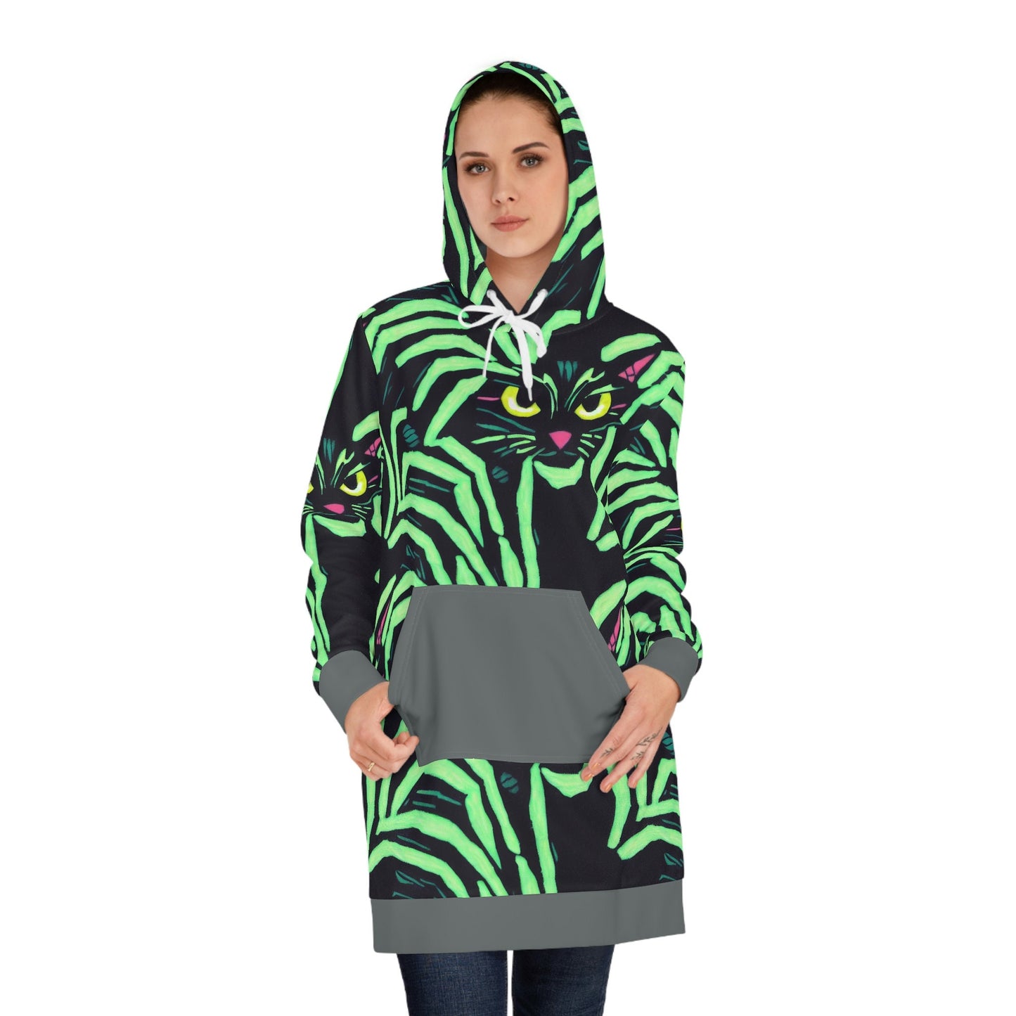 Yellow Eyed Cat Hoodie Dress, Spooky Cat Womens Hoodie Dress, Aesthetic Animal Green Hoodie, Winter Clothing Cat Lover Gift
