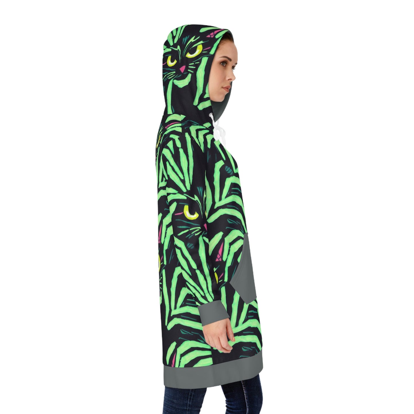 Yellow Eyed Cat Hoodie Dress, Spooky Cat Womens Hoodie Dress, Aesthetic Animal Green Hoodie, Winter Clothing Cat Lover Gift