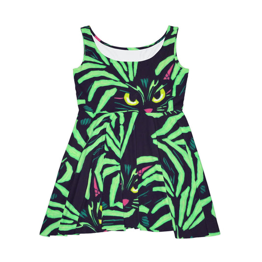 Yellow Eyed Cat Skater Dress, Green Pattern Sleeveless Dress, Spooky Cat Skater Dress for Women, Handmade Mini Skater Dress