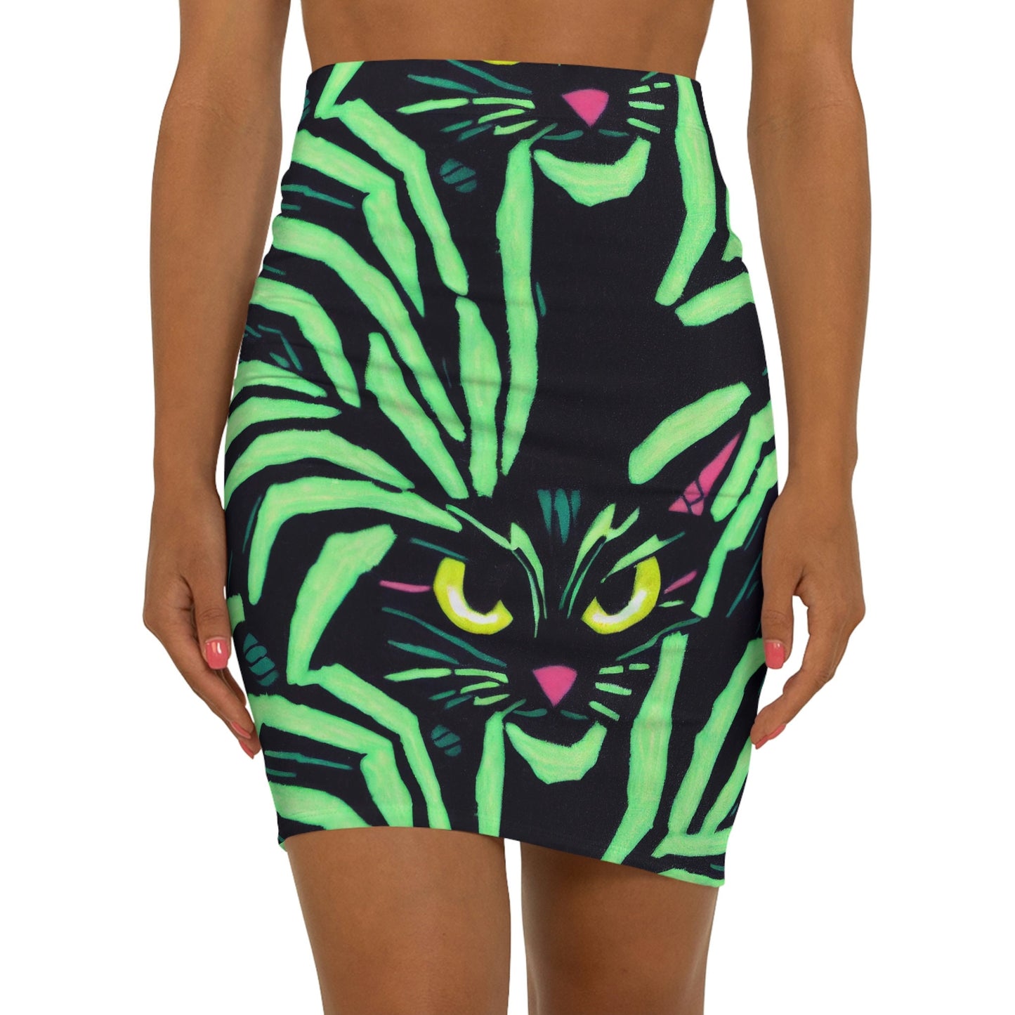 Yellow Eyed Cat Skater Skirt, Green Pattern Skater Skirt, Handmade Colorful Skirt, Animal Print Cat Eye Skirt, Spooky Skirt