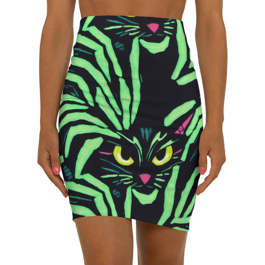 Yellow Eyed Cat Skater Skirt, Green Pattern Skater Skirt, Handmade Colorful Skirt, Animal Print Cat Eye Skirt, Spooky Skirt