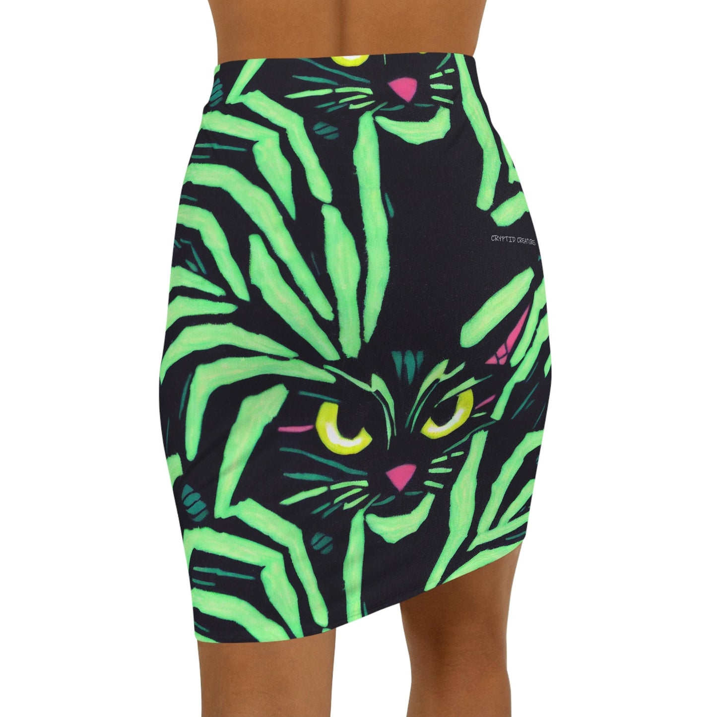 Yellow Eyed Cat Skater Skirt, Green Pattern Skater Skirt, Handmade Colorful Skirt, Animal Print Cat Eye Skirt, Spooky Skirt