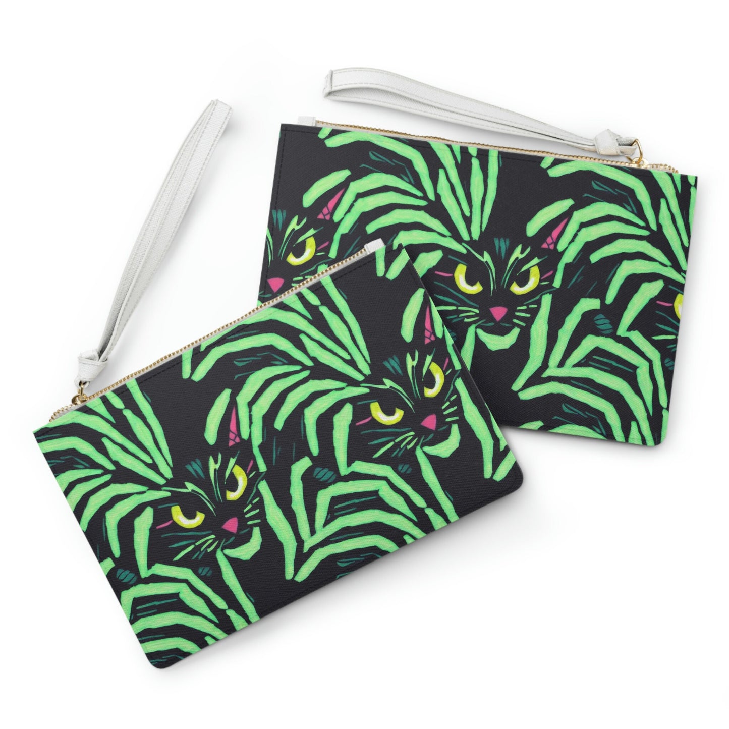 Yellow Eyed Cat Purse, Spooky Cats Clutch Bag, Green Pattern Halloween Bag, Vegan Leather Bridal Clutch, Small Zipper Clutch