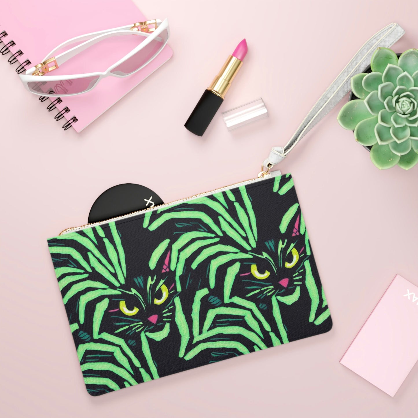 Yellow Eyed Cat Purse, Spooky Cats Clutch Bag, Green Pattern Halloween Bag, Vegan Leather Bridal Clutch, Small Zipper Clutch