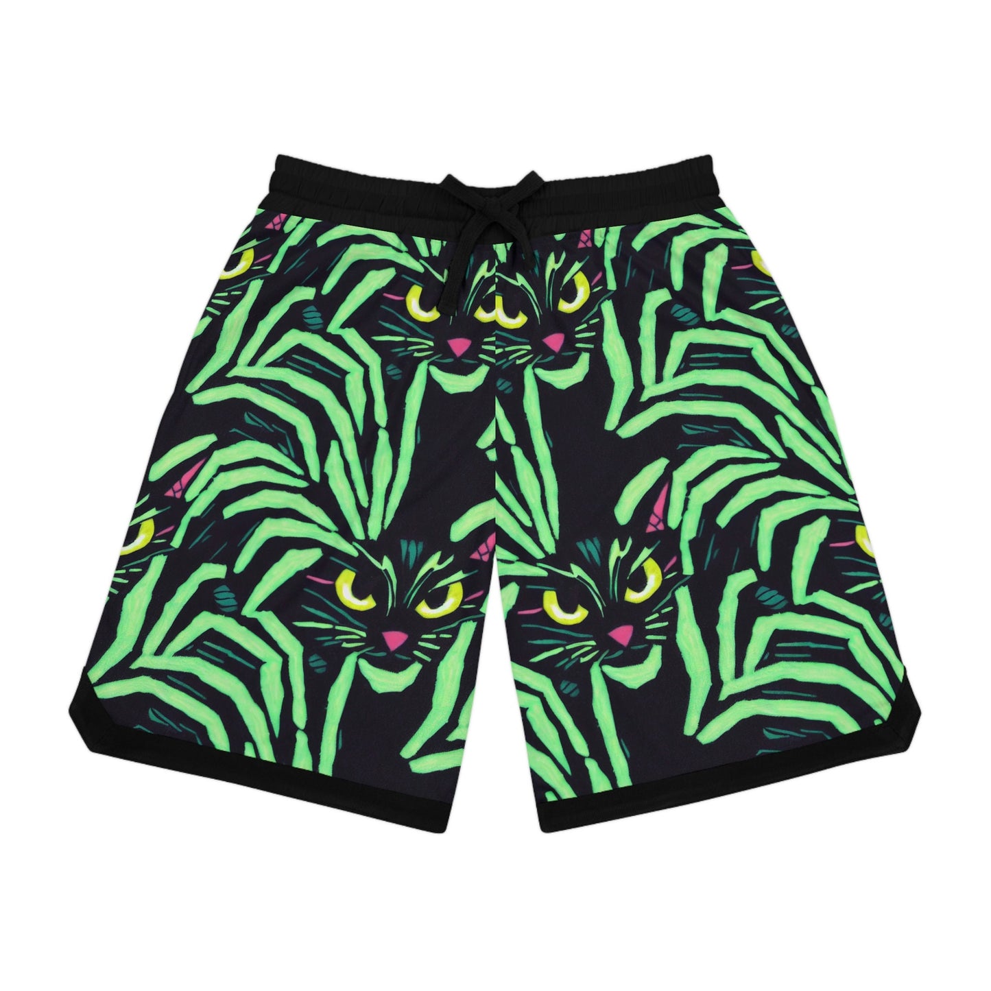 Yellow Eyed Cat Basketball Shorts, Green Pattern Spooky Cats Athletic Shorts, Animal Clothing High Waisted Shorts, Graphic Shorts
