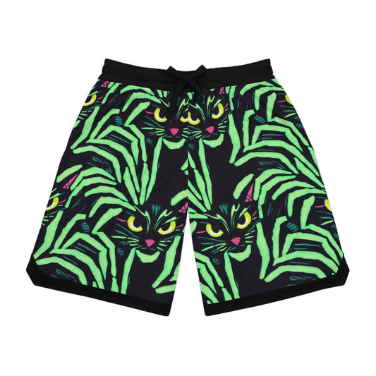 Yellow Eyed Cat Basketball Shorts, Green Pattern Spooky Cats Athletic Shorts, Animal Clothing High Waisted Shorts, Graphic Shorts