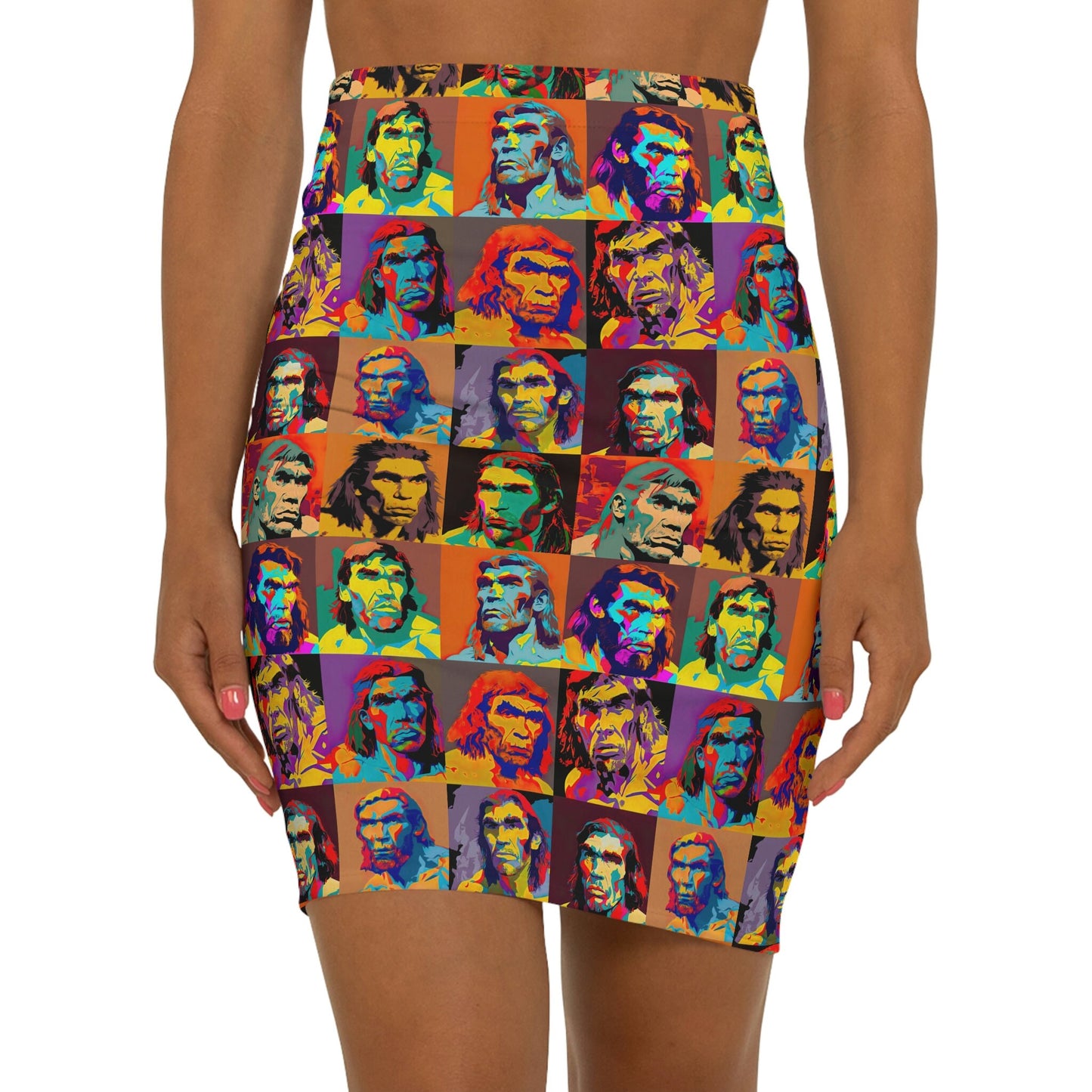 Neanderthal Portraits Pop Art Women's Mini Skirt, Face Print Mini Skirt, Designer Mini Skirt, Fashion Summer Skirt