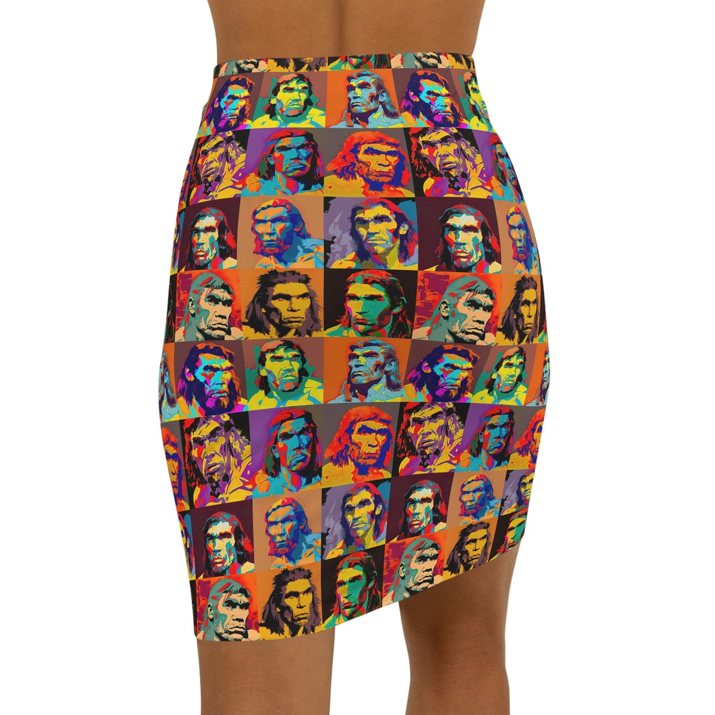 Neanderthal Portraits Pop Art Women's Mini Skirt, Face Print Mini Skirt, Designer Mini Skirt, Fashion Summer Skirt