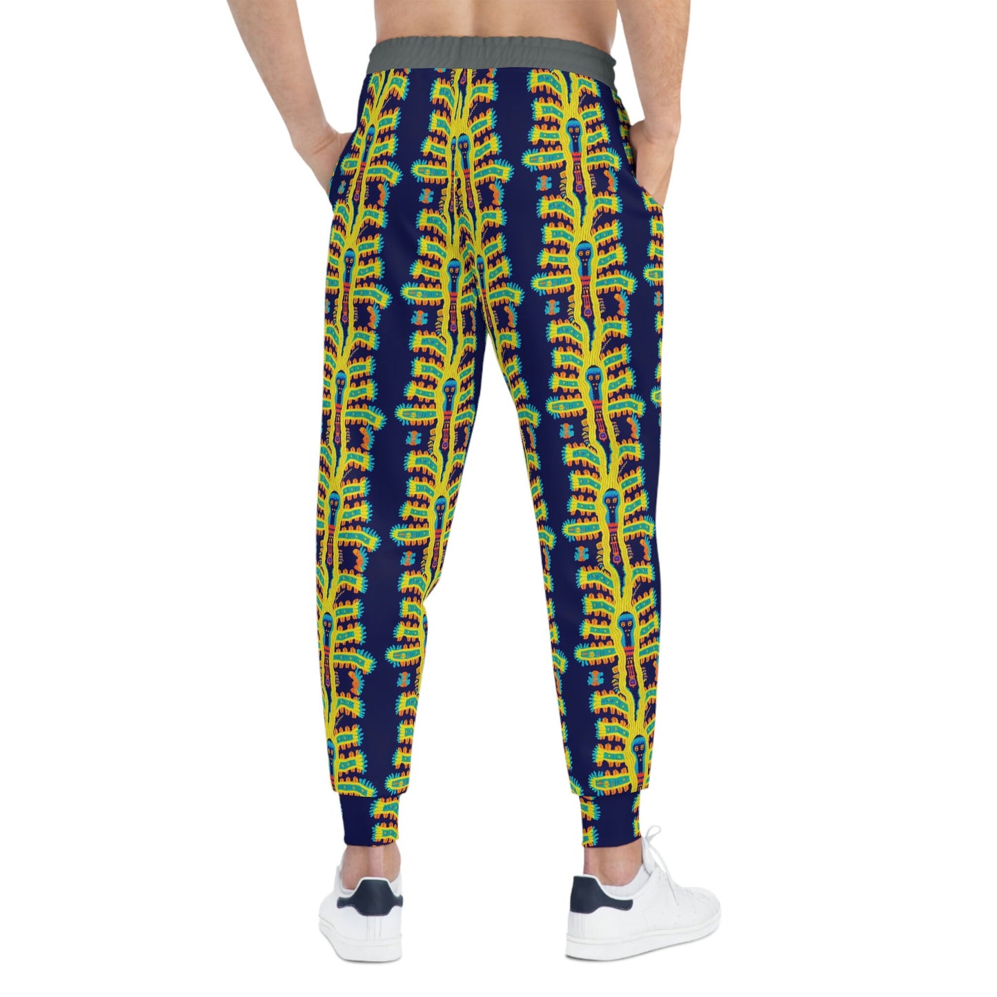 Cryptid Native Huichol Style Mens Joggers, Athletic Clothing High Waisted Joggers, Mens Yoga Pants, Comfy Workout Pants