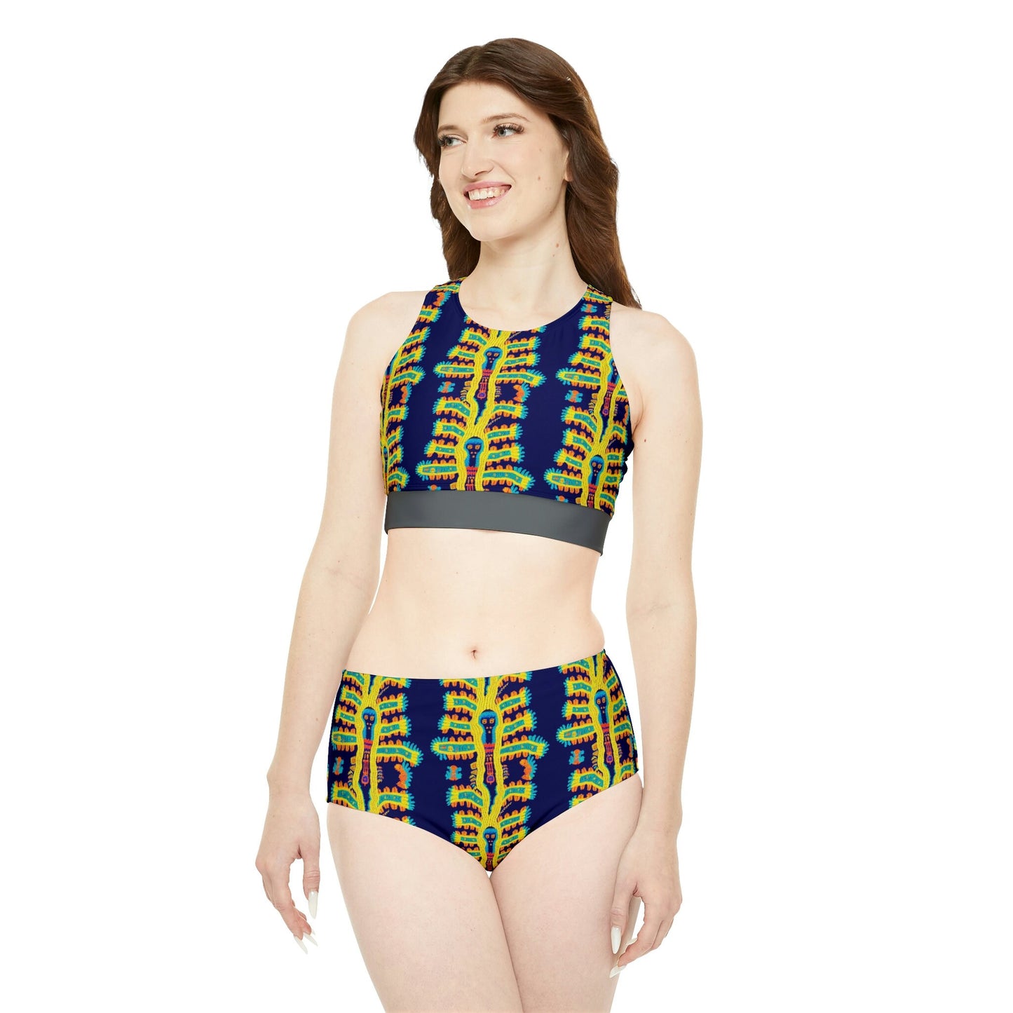 Blue and Yellow Bikini Set, Cryptid Native Huichol Style High Waisted Bikini, Girls Sexy Bikini Set, Beach Summer Clothing