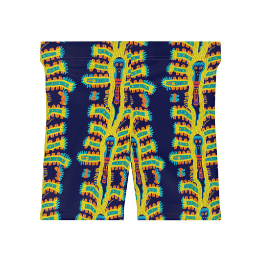 Cryptid Native Huichol Style Women Biker Shorts, Spandex Workout Shorts, Sexy Gym Shorts, Sexy Booty Shorts, Yoga Shorts