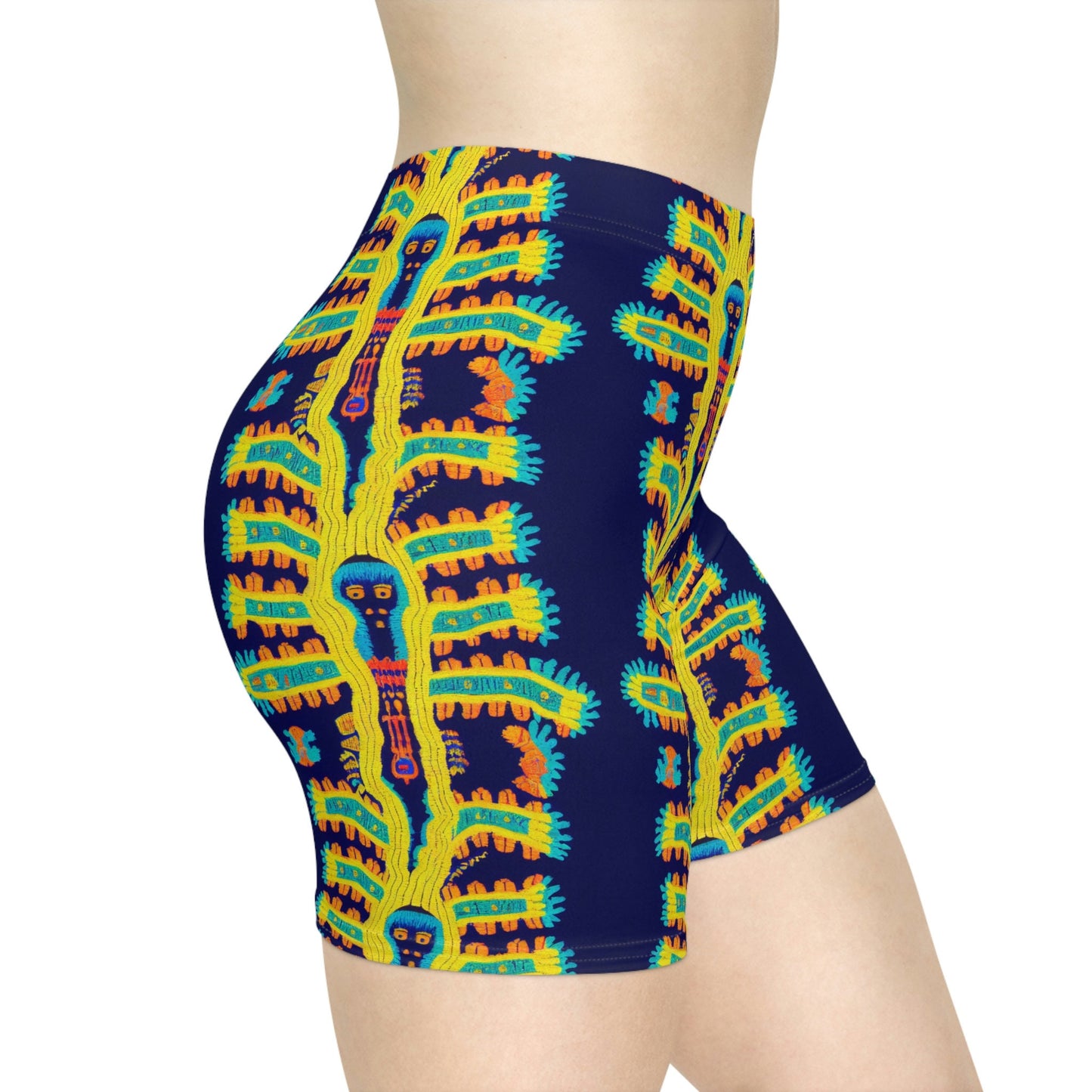 Cryptid Native Huichol Style Women Biker Shorts, Spandex Workout Shorts, Sexy Gym Shorts, Sexy Booty Shorts, Yoga Shorts